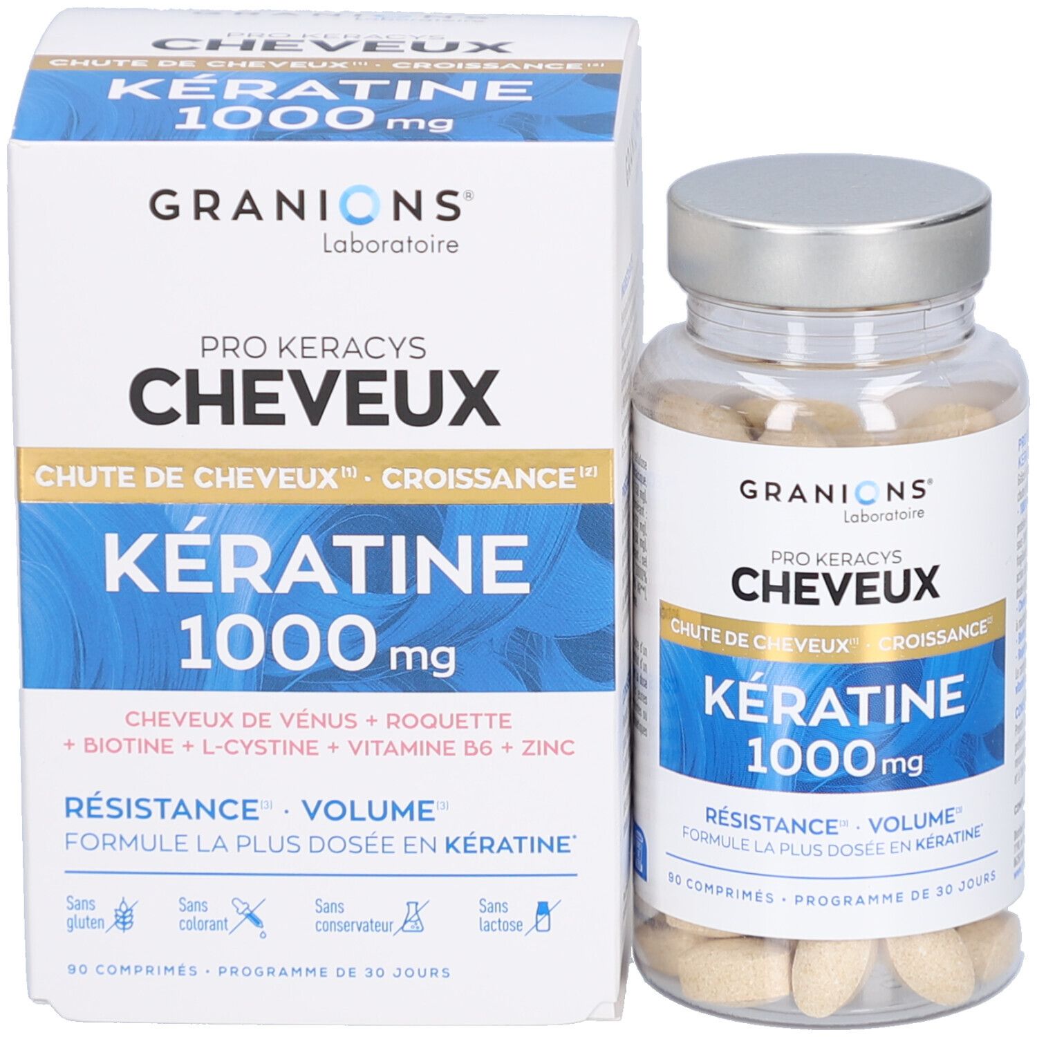 Flacon et boîte du produit côte à côte. Flacon de gélules, boîte avec informations produit.