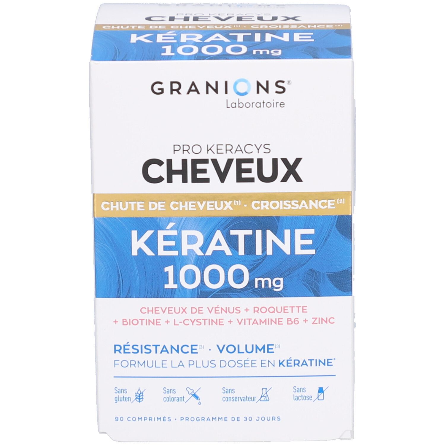 Emballage du produit. Boîte bleue avec nom du produit et informations.