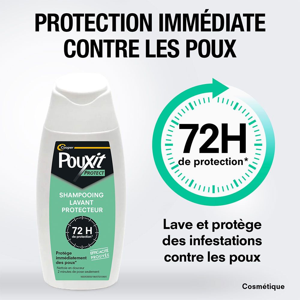 Flacon à côté du texte: PROTECTION IMMÉDIATE CONTRE LES POUX. 72H de protection. Lave et protège des infestations contre les poux.