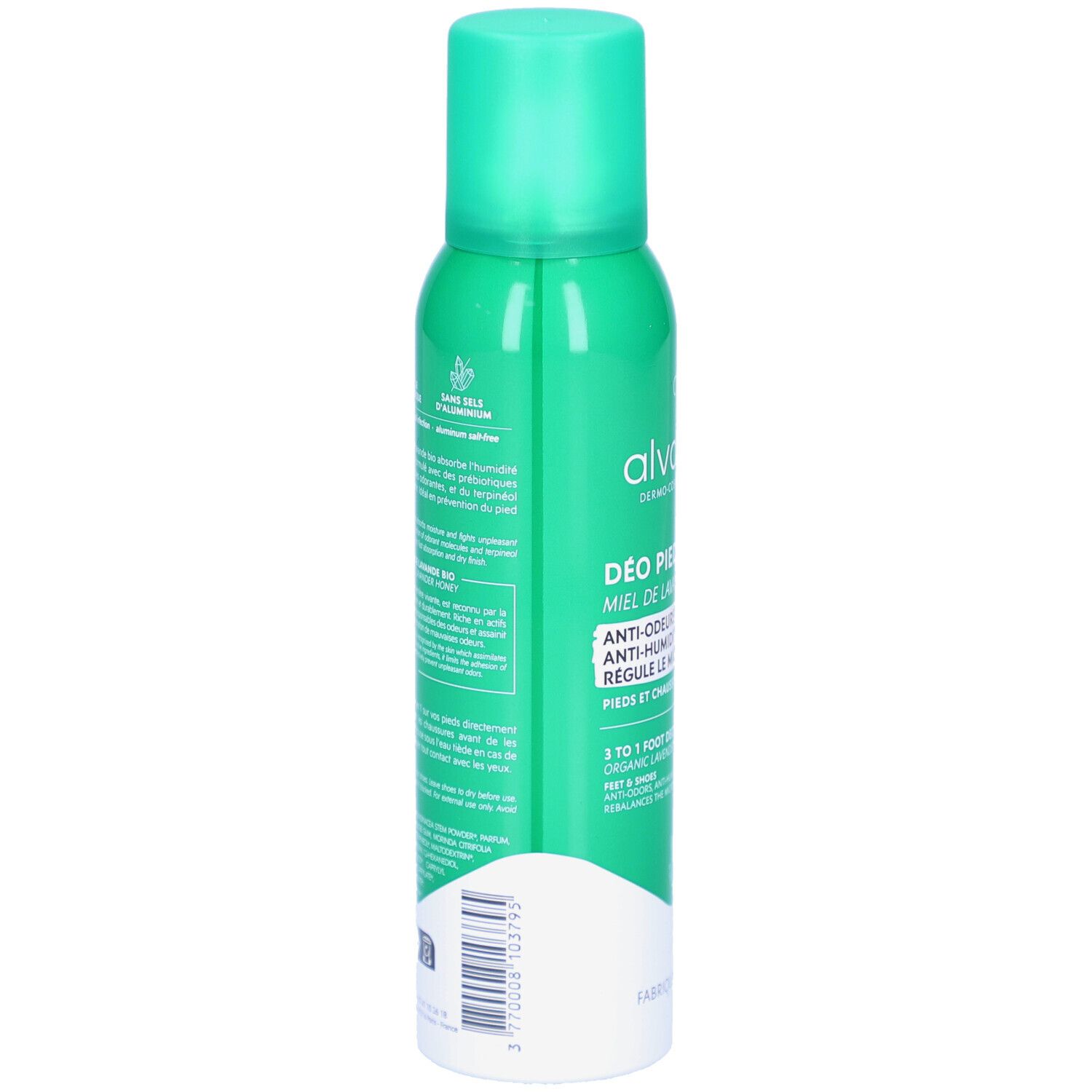 Flacon spray vert, dos. Texte: informations sur le produit, ingrédients, utilisation. Avec base blanche et bouchon vert.