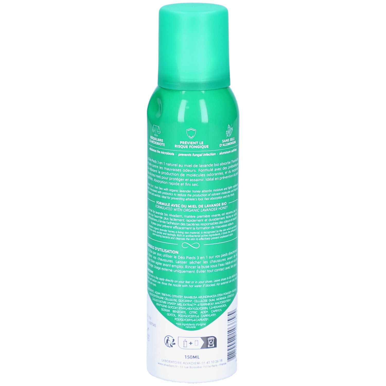 Flacon spray vert, dos. Texte: informations sur le produit, ingrédients, utilisation. Avec base blanche et bouchon vert.
