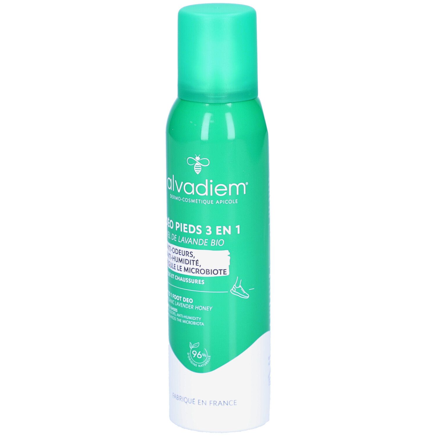 Flacon spray vert avec base blanche. Inscription: ALVADIEM, DÉO PIEDS 3 EN 1, Miel de Lavande Bio. Contient anti-odeurs, anti-humidité.