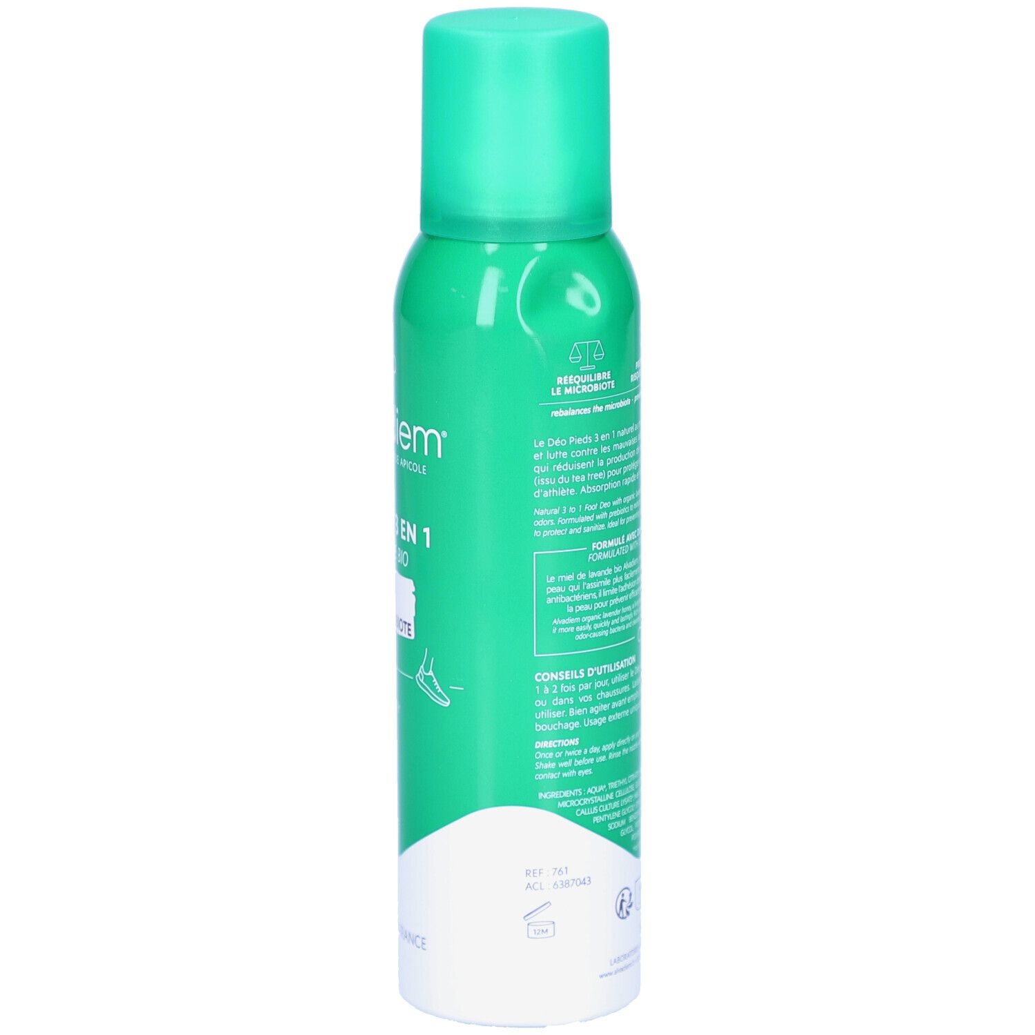 Flacon spray vert, dos. Texte: informations sur le produit, ingrédients, utilisation. Avec base blanche et bouchon vert.