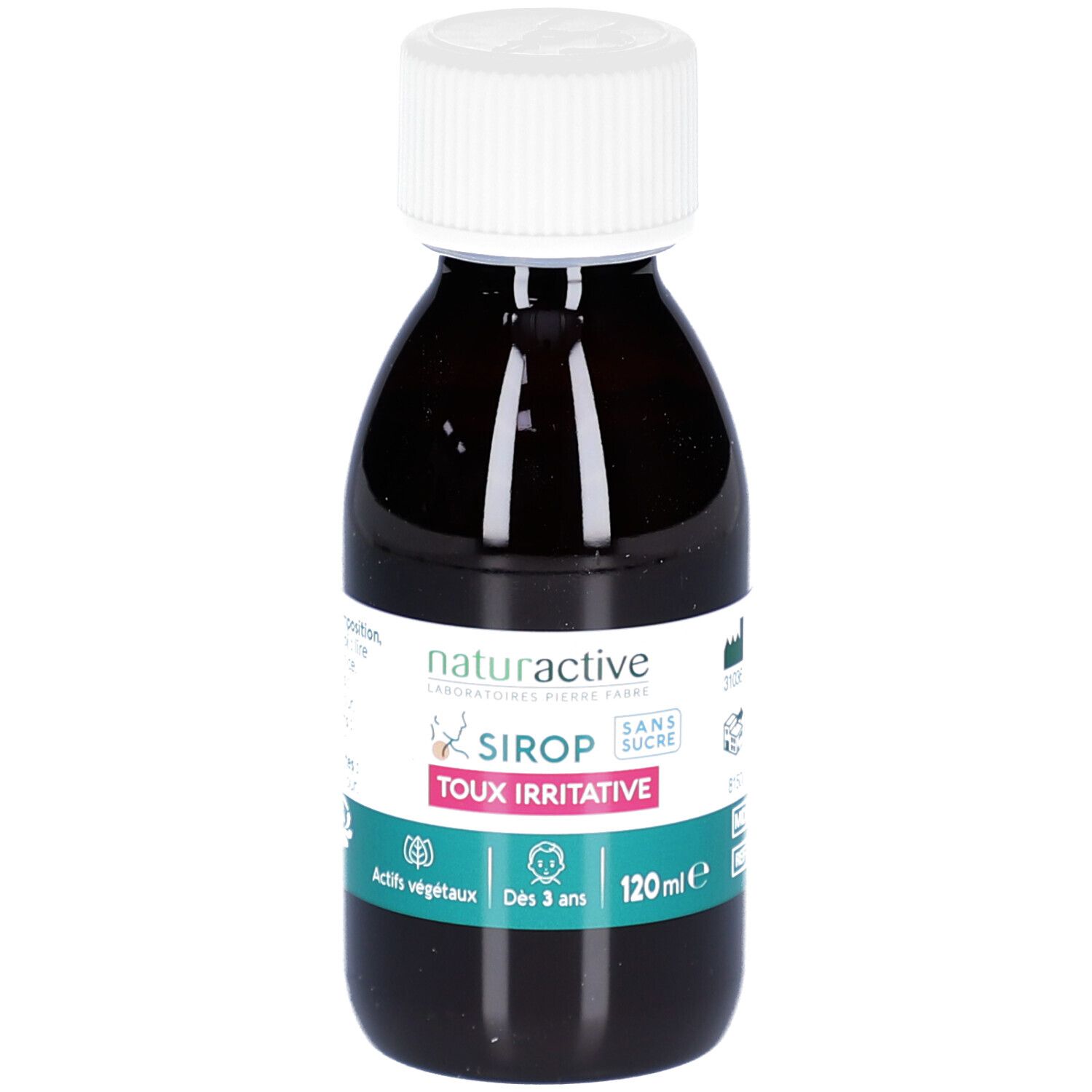 Flacon brun avec bouchon blanc. Inscription: SIROP TOUX IRRITATIVE, sans sucre. Label: Actifs végétaux, Dès 3 ans.