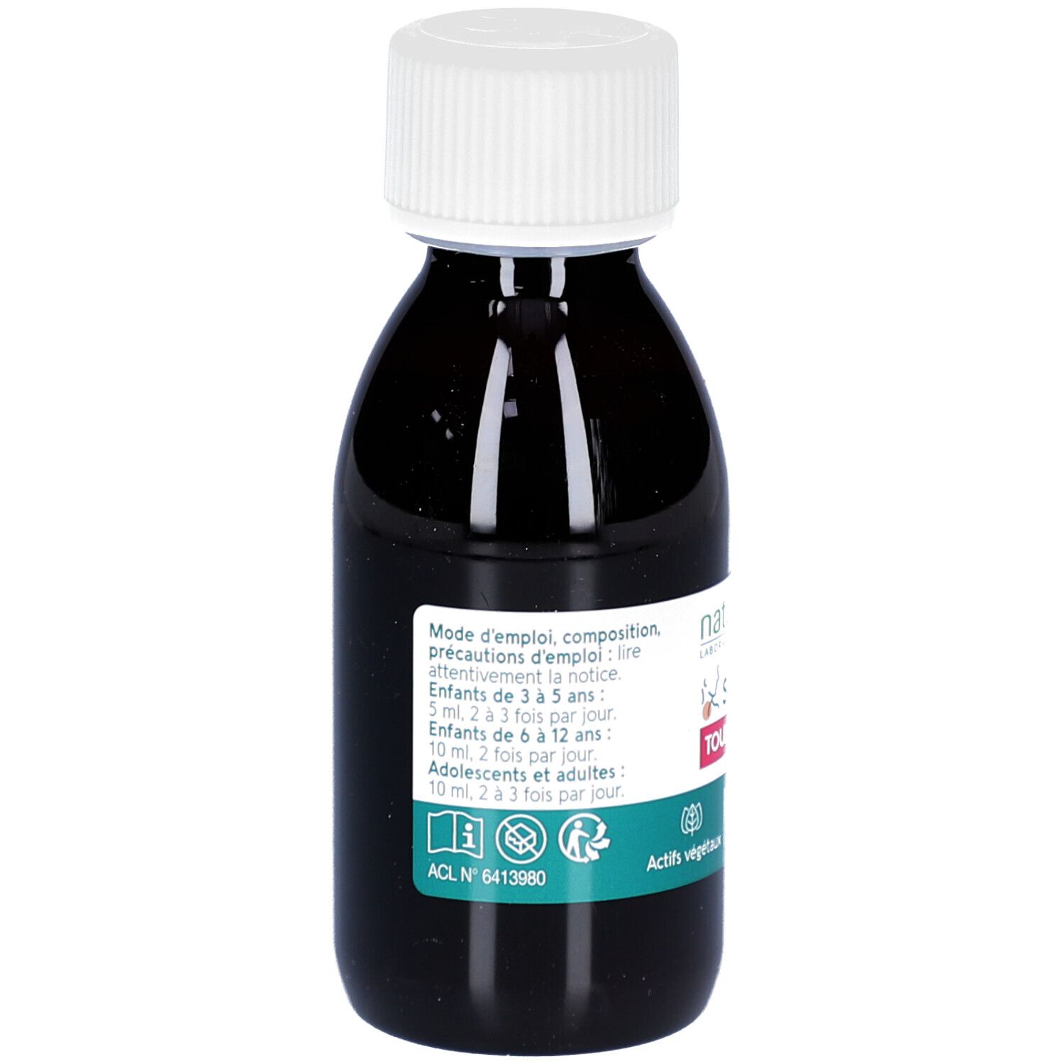 Dos du flacon. Texte: Mode d'emploi, composition, précautions d'emploi. Contient des informations sur le dosage et l'âge.
