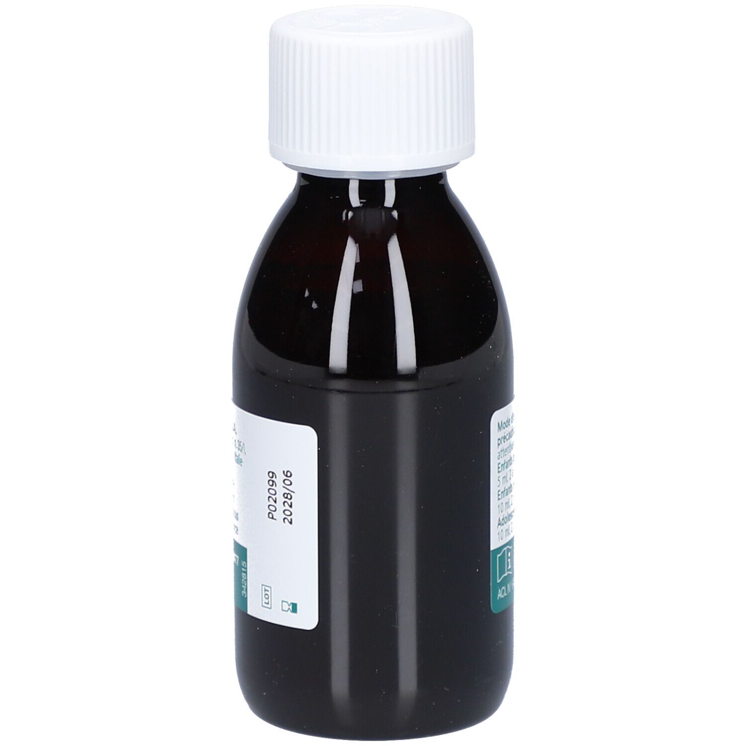 Flacon brun avec bouchon blanc. Autocollant avec informations. Étiquette avec numéro de lot et date de péremption.