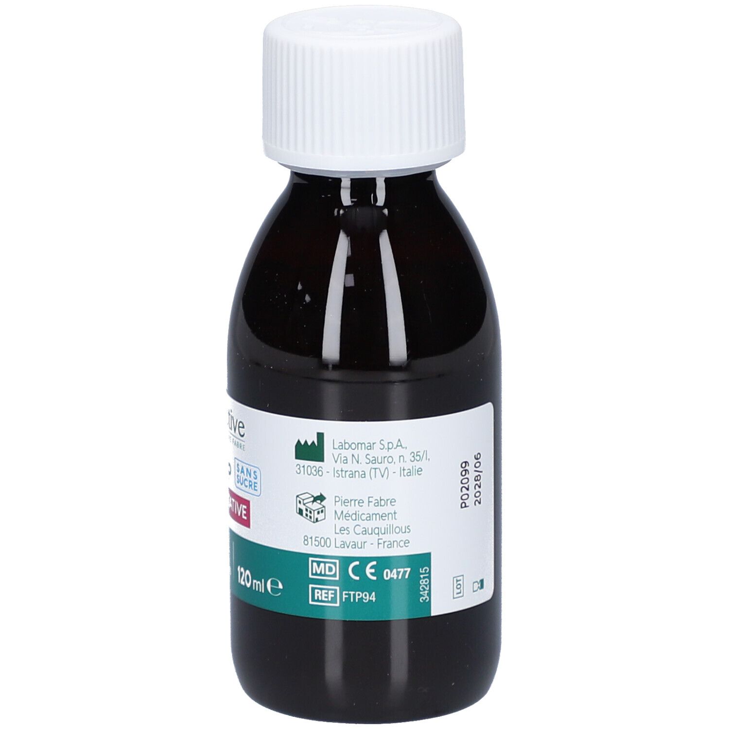 Flacon brun avec bouchon blanc. Étiquettes avec informations produit. Adresse du fabricant et numéro de lot.