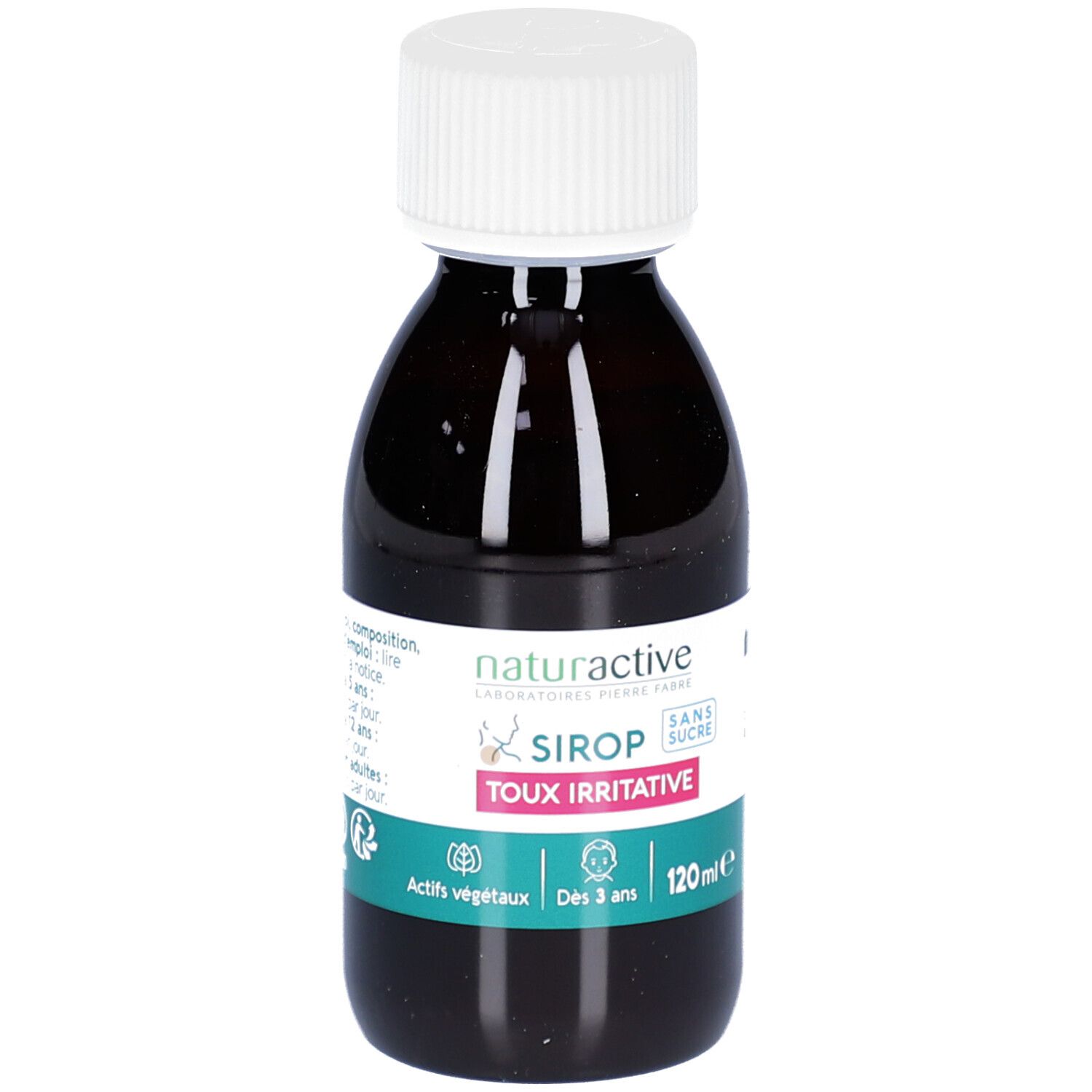 Flacon brun avec bouchon blanc. Inscription: SIROP TOUX IRRITATIVE, sans sucre. Label: Actifs végétaux, Dès 3 ans.