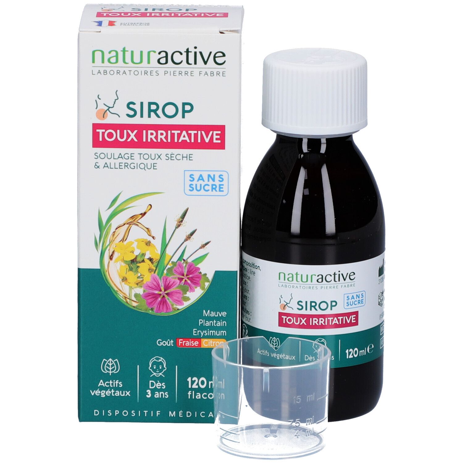 Produit avec emballage et gobelet doseur. Inscription: SIROP TOUX IRRITATIVE, sans sucre. Boîte avec design floral.