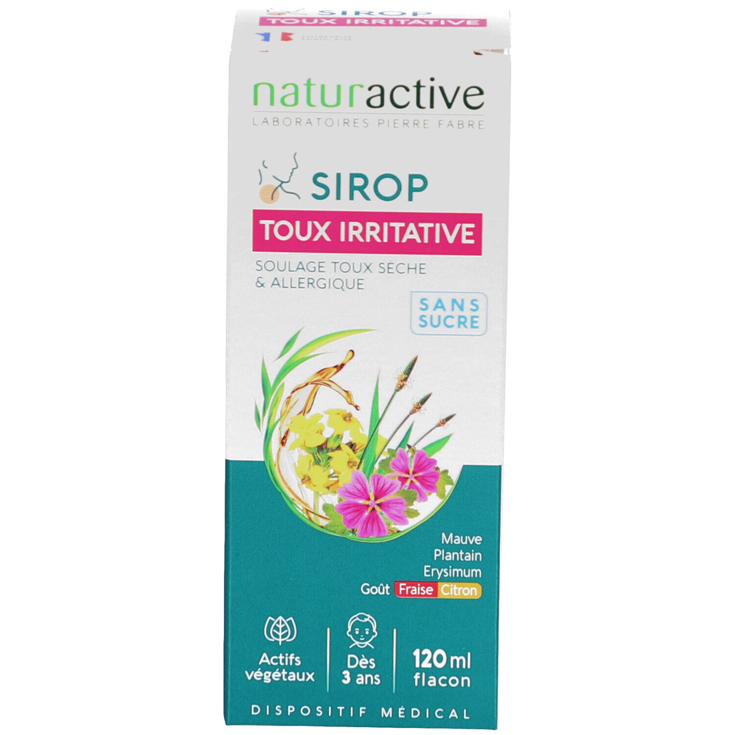Emballage du produit. Inscription: SIROP TOUX IRRITATIVE, sans sucre. Boîte avec design floral et informations produit.