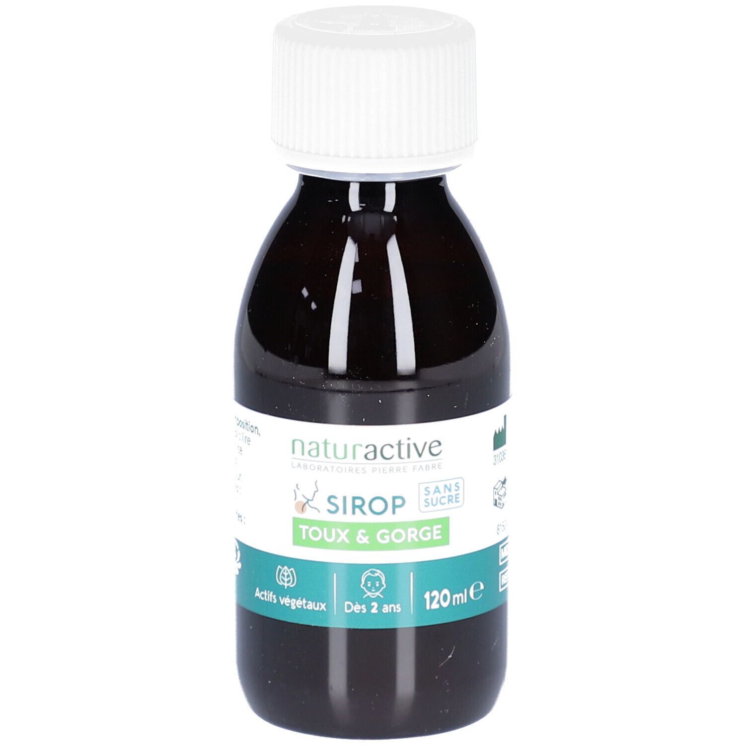 Flacon brun, bouchon blanc. Inscription: SIROP TOUX & GORGE, sans sucre. Actifs végétaux. Dès 2 ans.