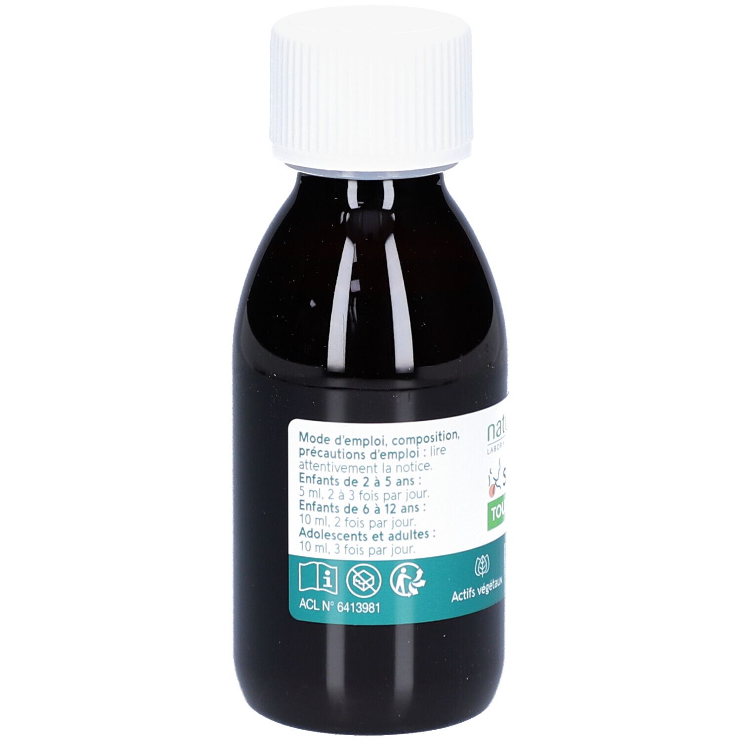 Dos du flacon brun, bouchon blanc. Texte: Mode d'emploi, composition, précautions. Numéro ACL.