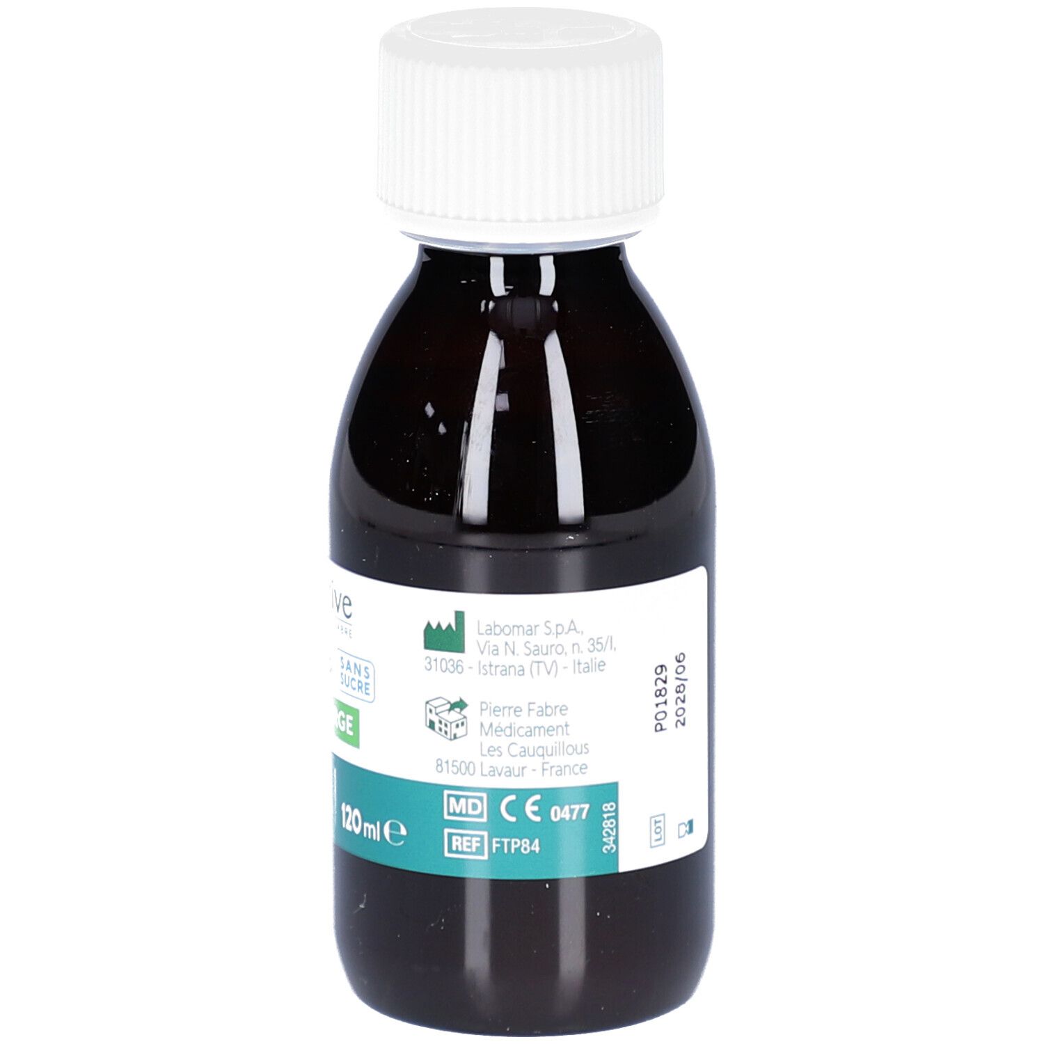 Flacon brun, bouchon blanc. Étiquette avec informations. Adresse du fabricant.