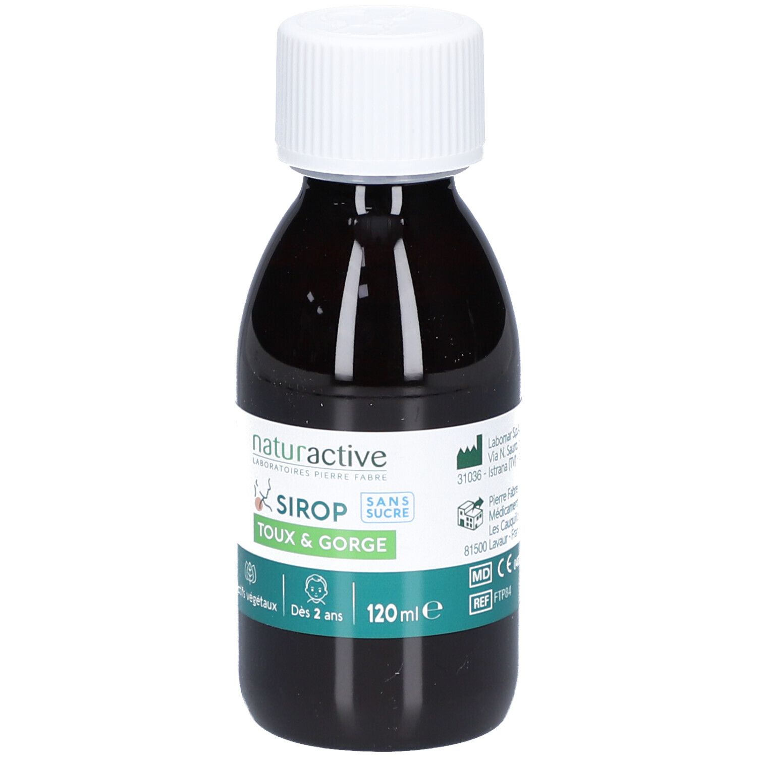 Flacon brun, bouchon blanc. Inscription: SIROP TOUX & GORGE, sans sucre. Actifs végétaux. Dès 2 ans.