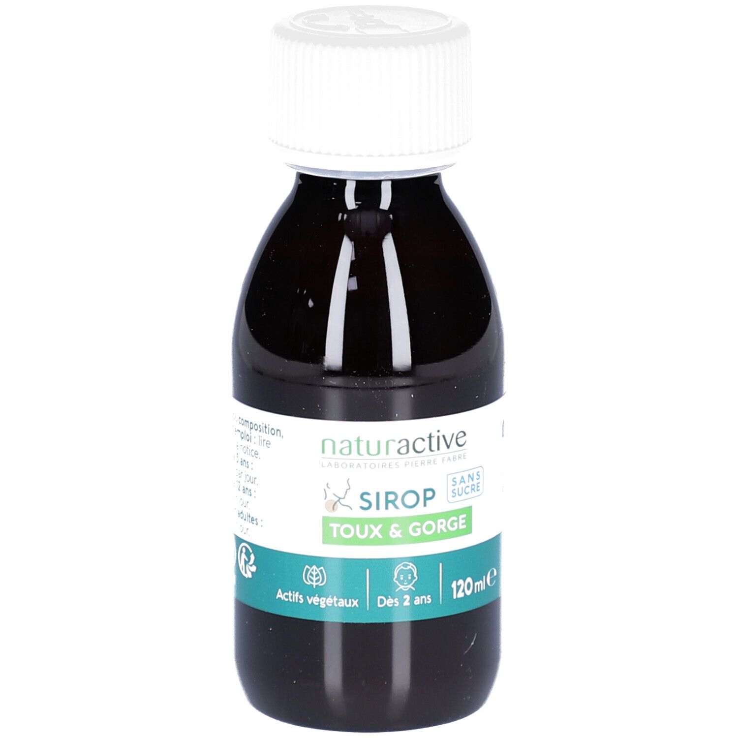Flacon brun, bouchon blanc. Inscription: SIROP TOUX & GORGE, sans sucre. Actifs végétaux. Dès 2 ans.