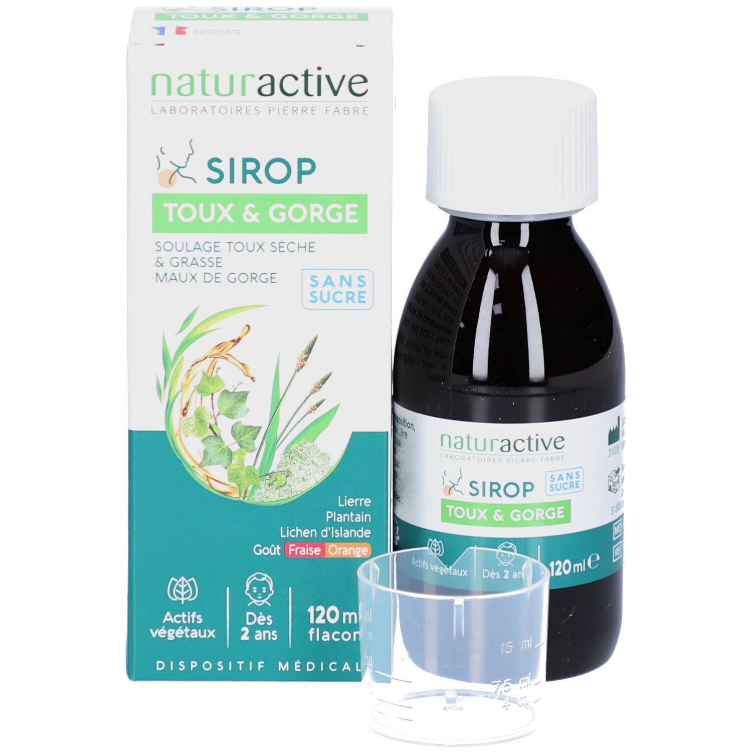 Emballage et flacon. Inscription: SIROP TOUX & GORGE, sans sucre. Verre doseur.