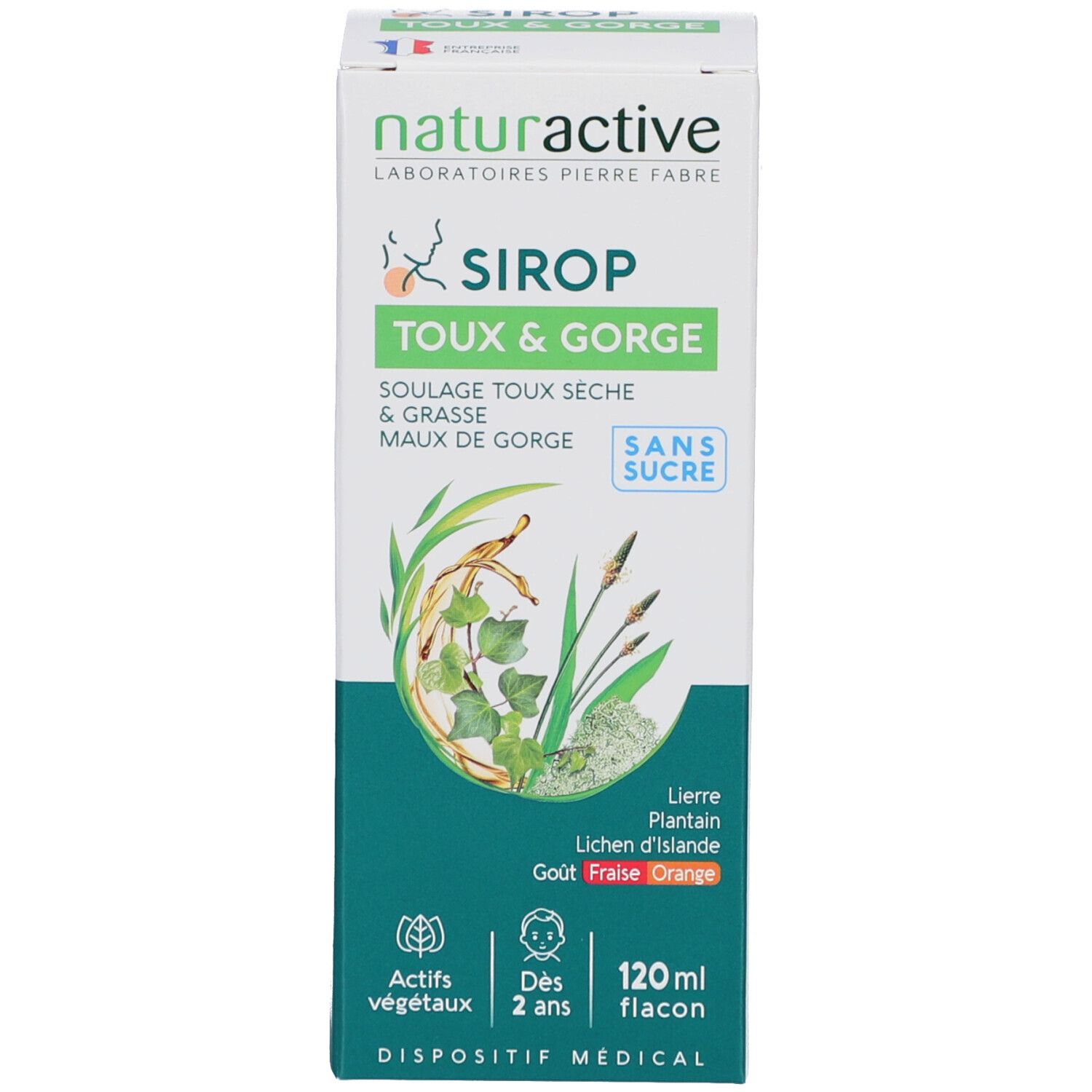 Emballage du produit. Inscription: SIROP TOUX & GORGE, sans sucre. Ingrédients: Lierre, Plantain, Mousse d'Islande.