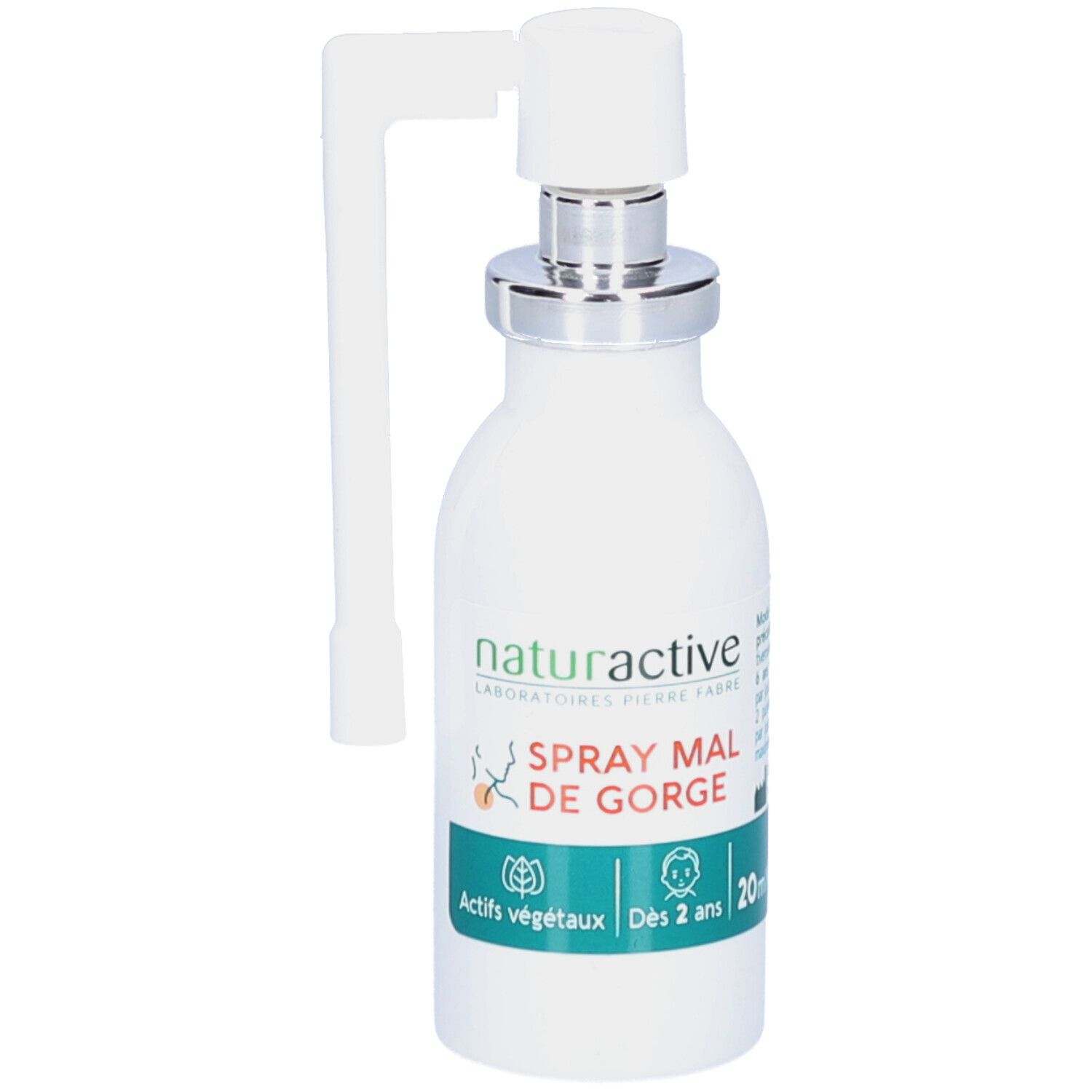 Flacon blanc avec pulvérisateur. Inscription: Spray Mal de Gorge. Avec embout. Étiquettes vertes et bleues.