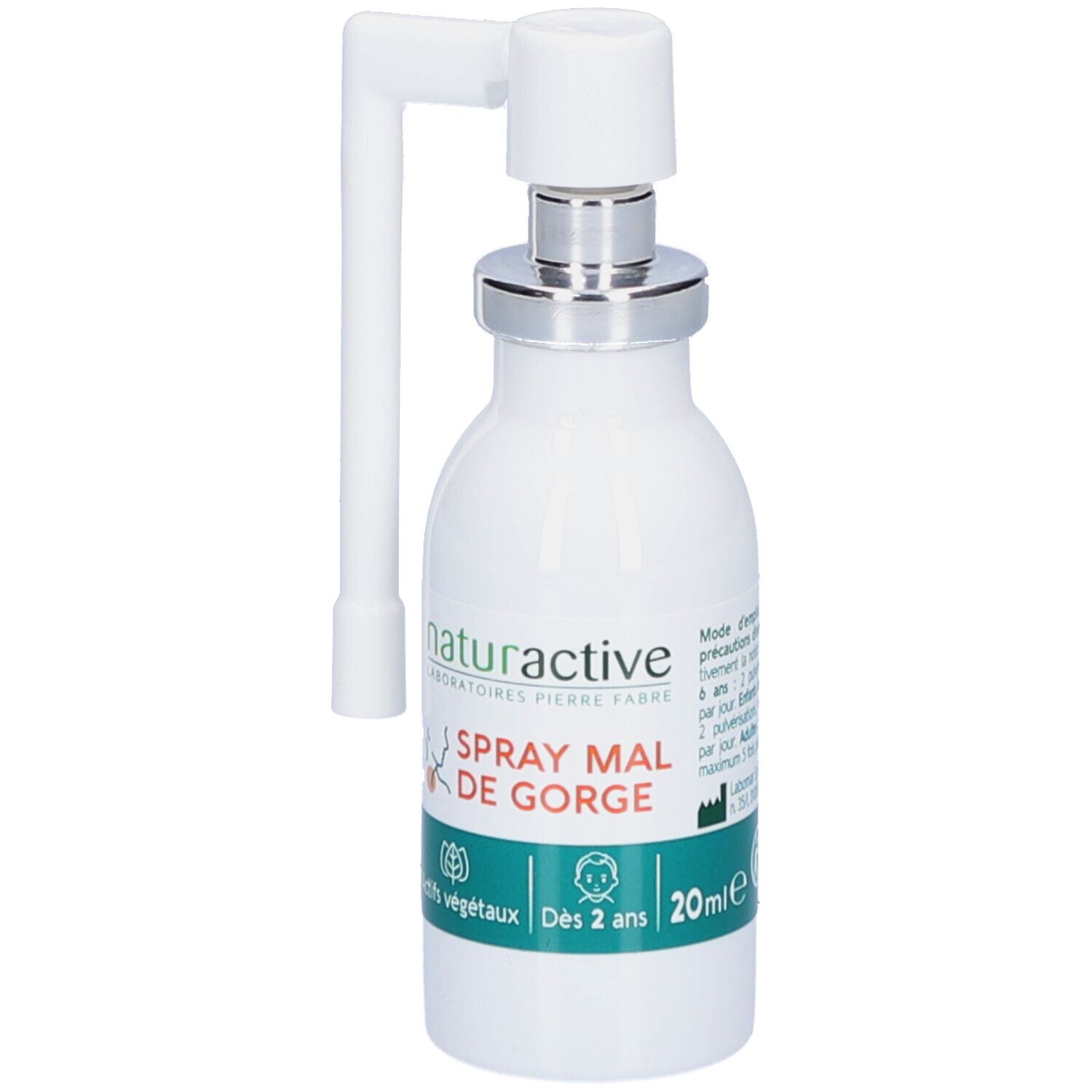 Flacon blanc avec pulvérisateur. Inscription: Spray Mal de Gorge. Étiquette avec informations. Pulvérisateur blanc.