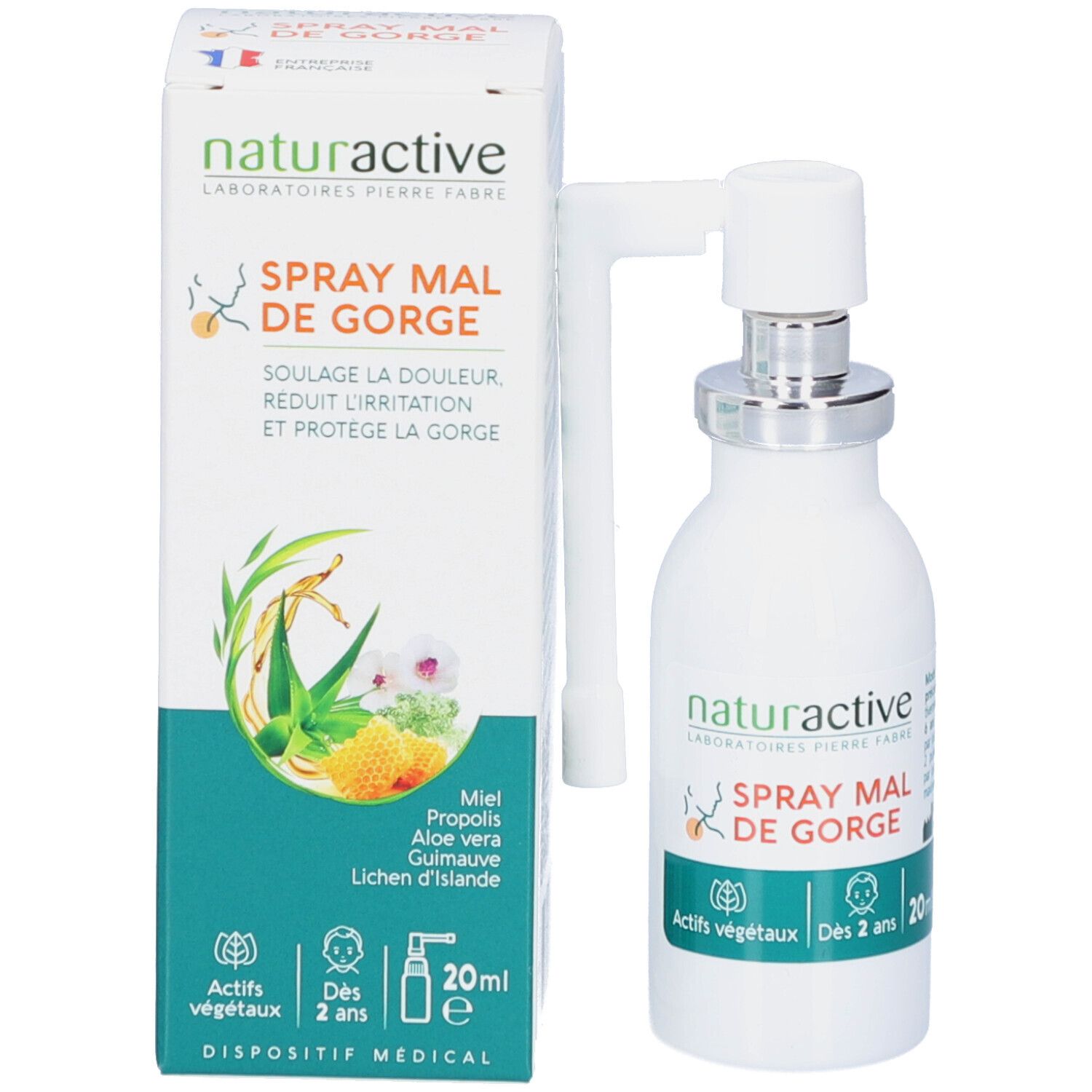 Emballage et flacon du produit. Inscription: Spray Mal de Gorge. Avec ingrédients et informations. Pulvérisateur blanc.