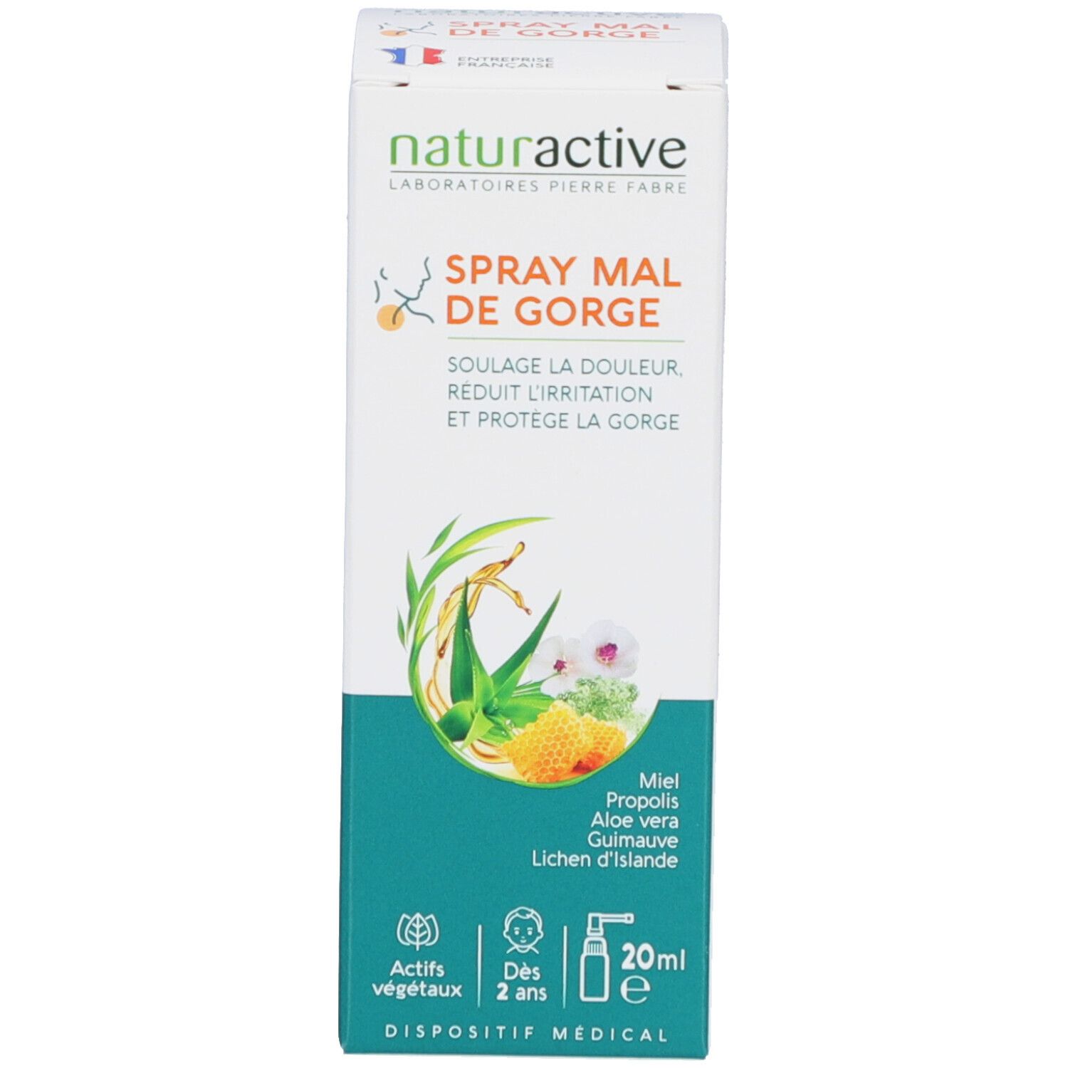 Emballage du produit. Inscription: Spray Mal de Gorge. Avec ingrédients et informations. Emballage blanc.