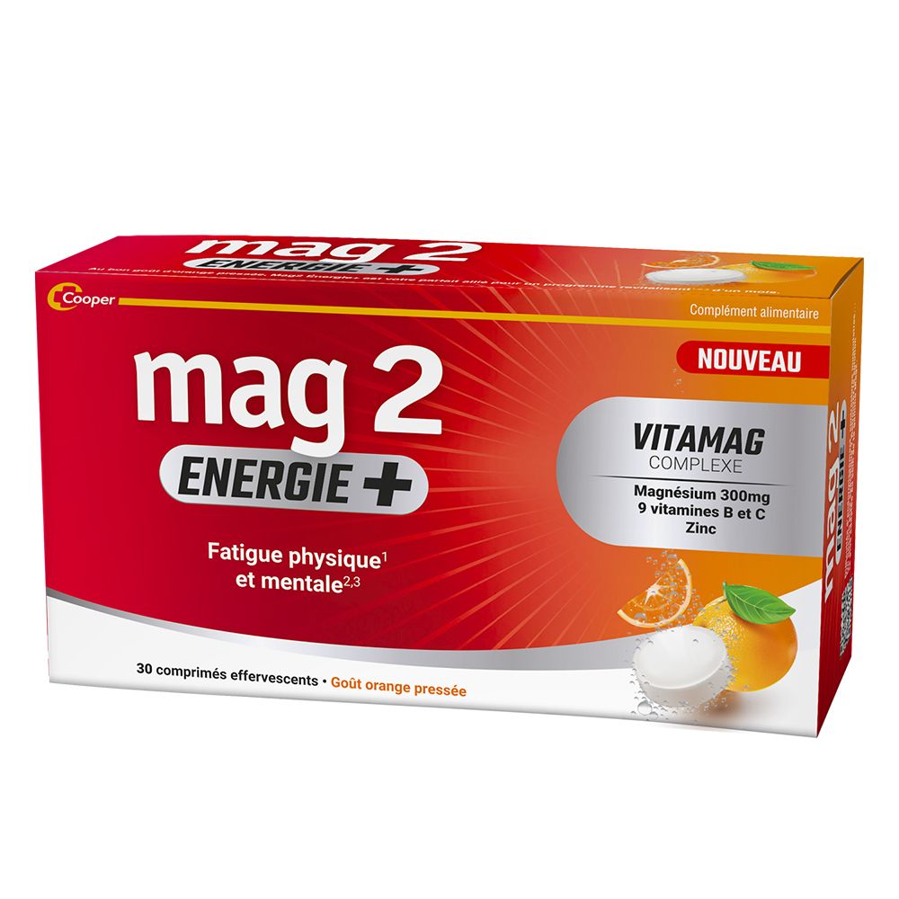 Boîte rouge "mag 2 ENERGIE+". Contient 30 comprimés effervescents. "VITAMAG COMPLEX" avec magnésium, vitamines et zinc.