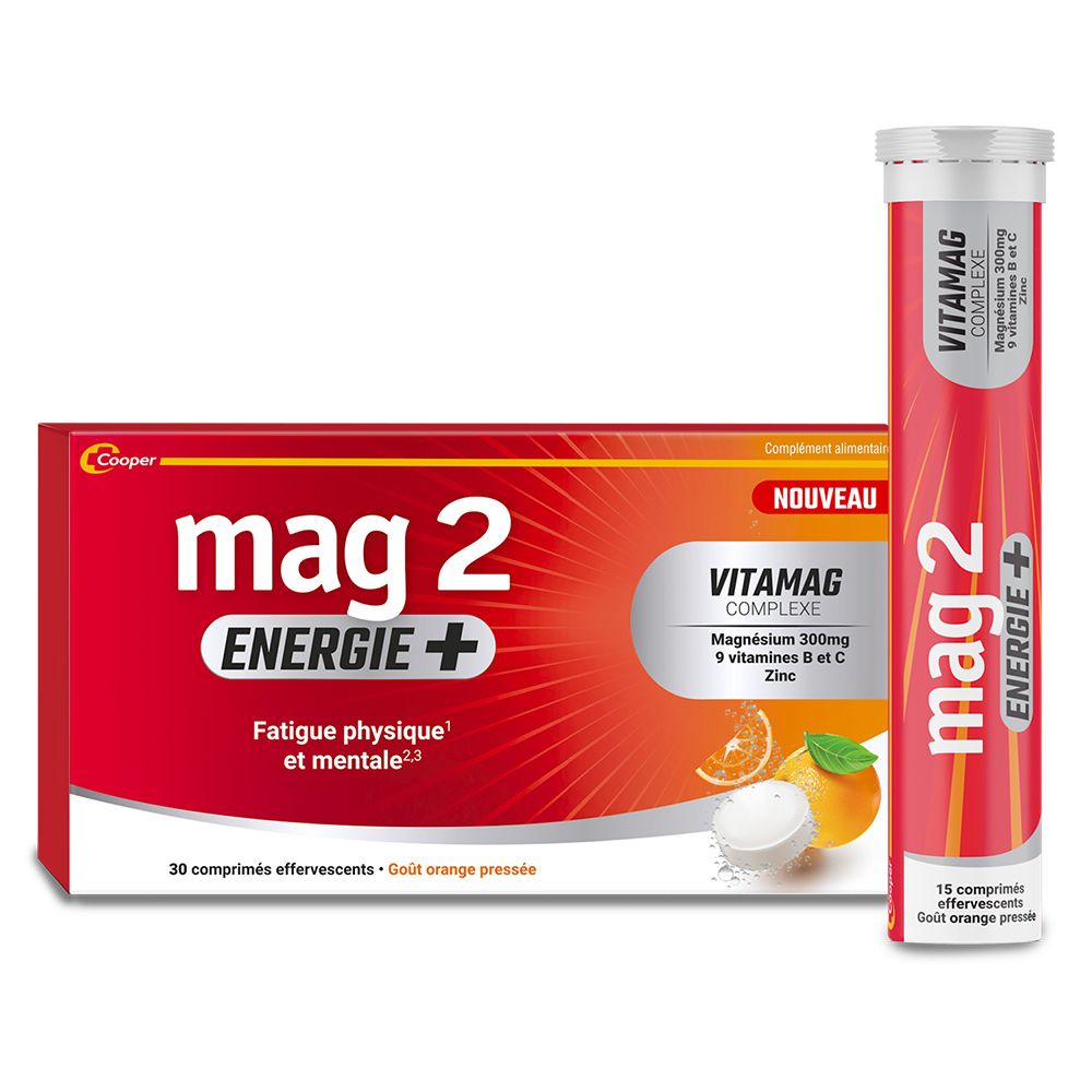 Boîte rouge et tube "mag 2 ENERGIE+". Contient 15 comprimés effervescents. "VITAMAG COMPLEX" avec magnésium, vitamines et zinc.