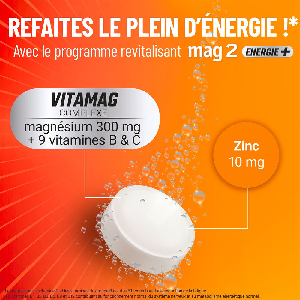 Comprimé effervescent avec "VITAMAG COMPLEX" et magnésium, vitamines B & C, zinc. Sur fond orange.