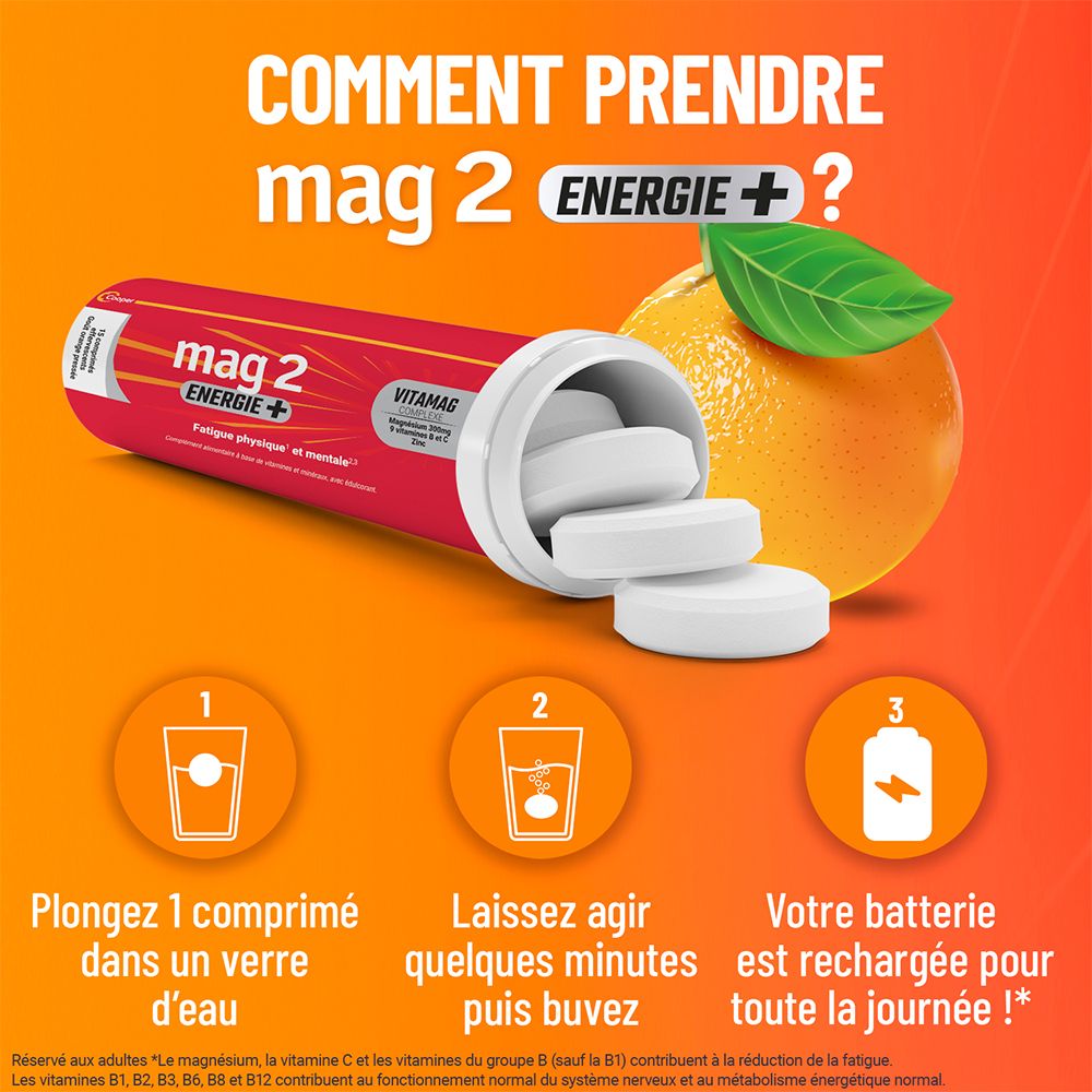 Instructions pour prendre "mag 2 ENERGIE+". Comprimés effervescents dans un verre d'eau. Orange à côté.