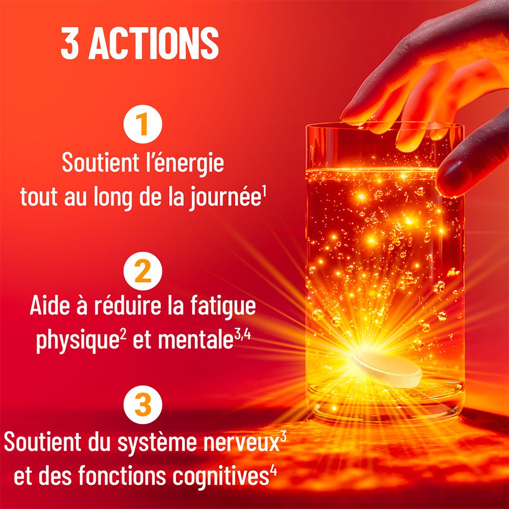 Trois actions de "mag 2 ENERGIE+": énergie, réduction de la fatigue, soutien du système nerveux.