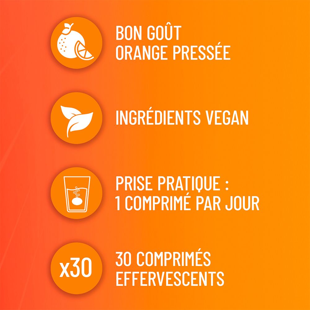 Informations sur "mag 2 ENERGIE+": goût, ingrédients végétaliens, 1 comprimé par jour, 30 comprimés effervescents.
