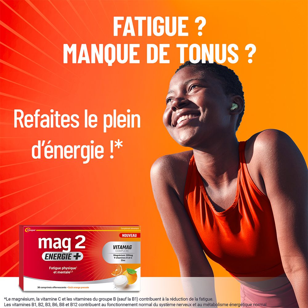 Femme souriante. Boîte "mag 2 ENERGIE+". Texte: Fatigue? Manque de tonus? Refaites le plein d'énergie!