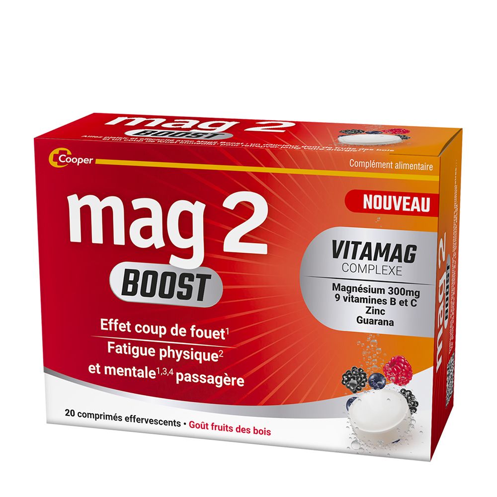 Boîte rouge "mag 2 BOOST". Contient 20 comprimés effervescents. "VITAMAG COMPLEX" et ingrédients visibles.
