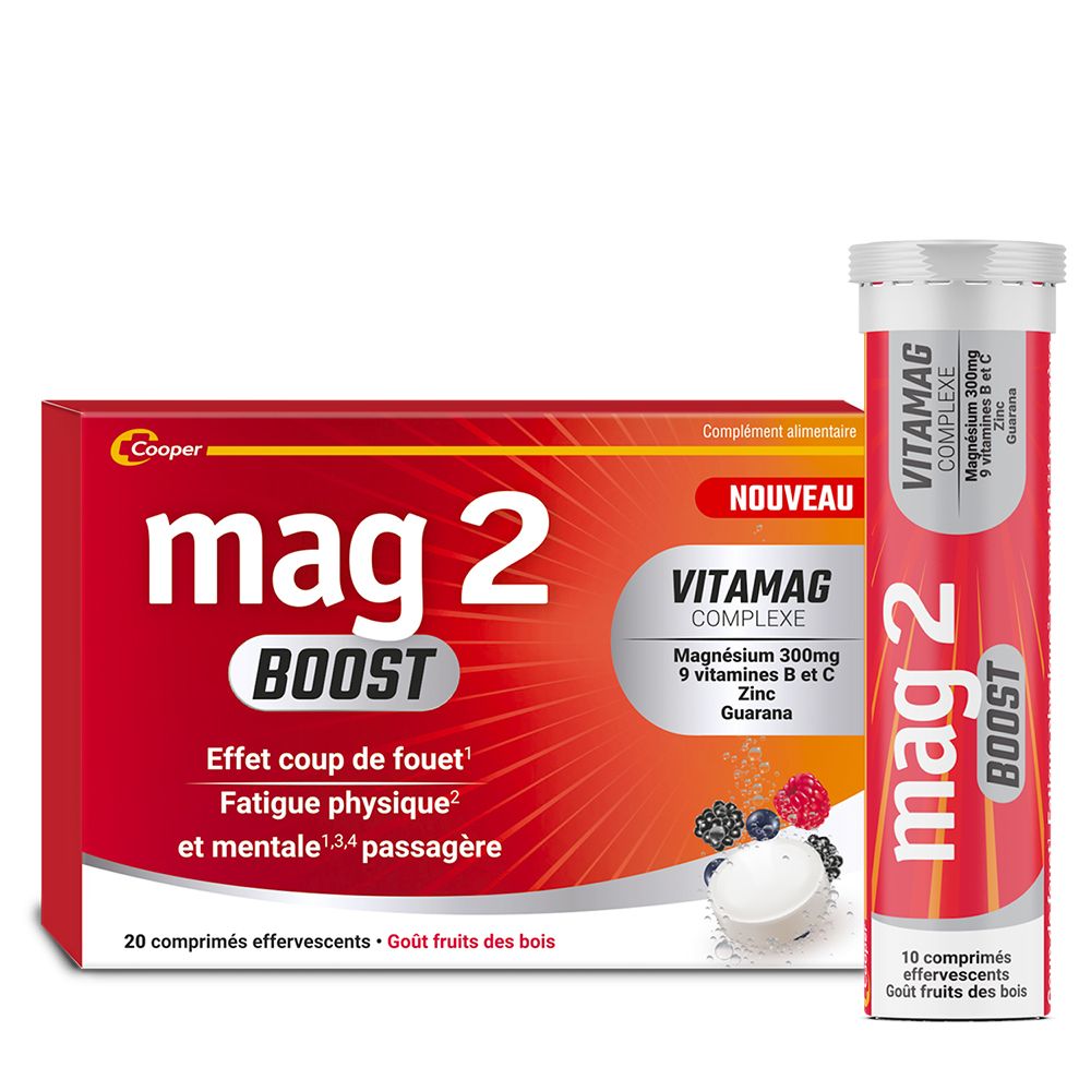 Boîte et tube "mag 2 BOOST". Contient 20 comprimés effervescents. "VITAMAG COMPLEX" et ingrédients visibles.