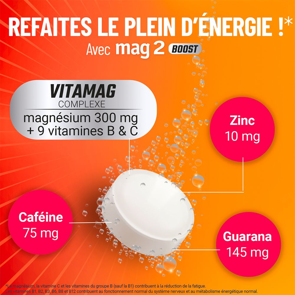 Graphique avec ingrédients: Magnésium, 9 vitamines B & C, Zinc, Guarana et Caféine. Comprimé effervescent au centre.