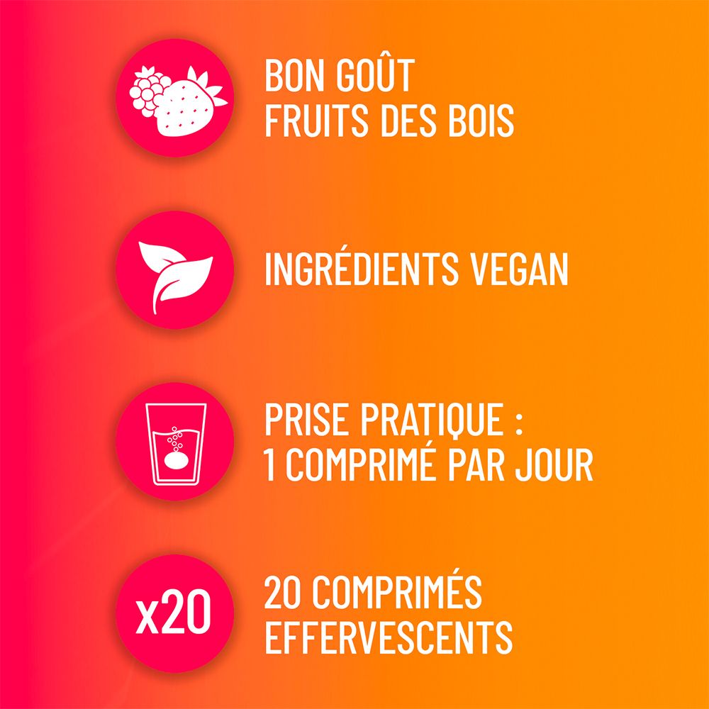 Graphique avec informations: Bon goût, ingrédients vegan, prise pratique: 1 comprimé par jour.