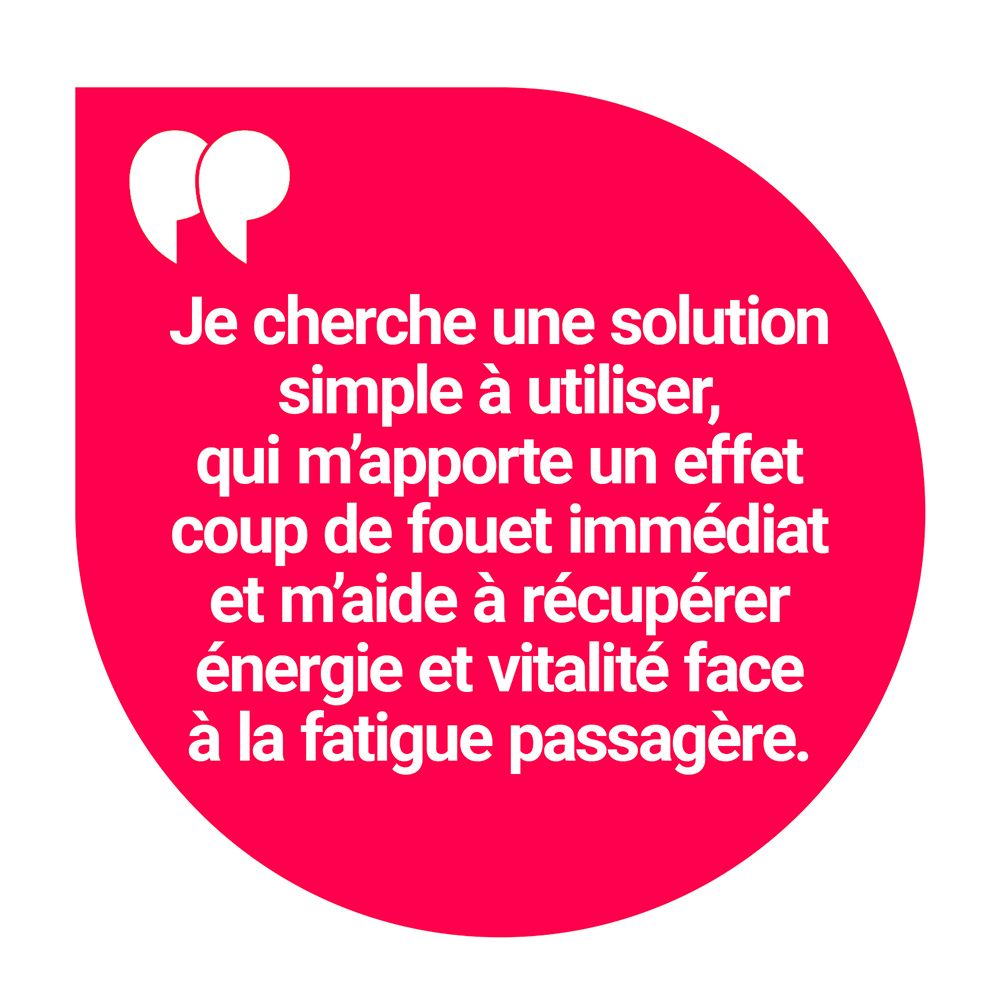 Bulle rouge. Texte: Je cherche une solution simple pour un coup de fouet immédiat et la récupération.