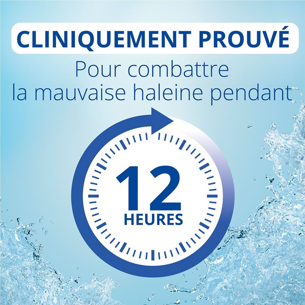 Fond bleu avec texte: Cliniquement prouvé. Pour combattre la mauvaise haleine pendant. Horloge bleue 12 heures.