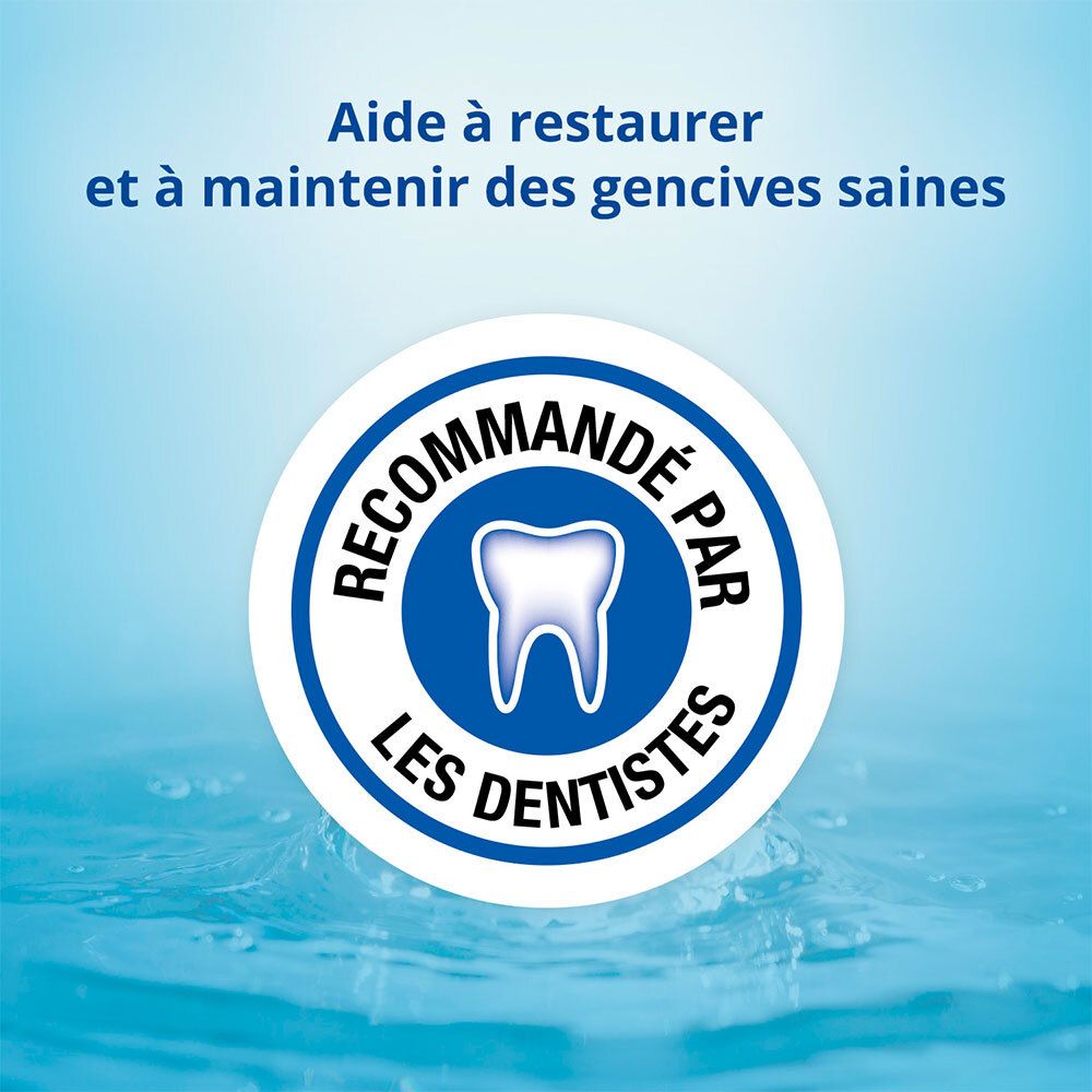 Fond bleu avec texte: Recommandé par les dentistes. Symbole de dent. Aide à maintenir des gencives saines.