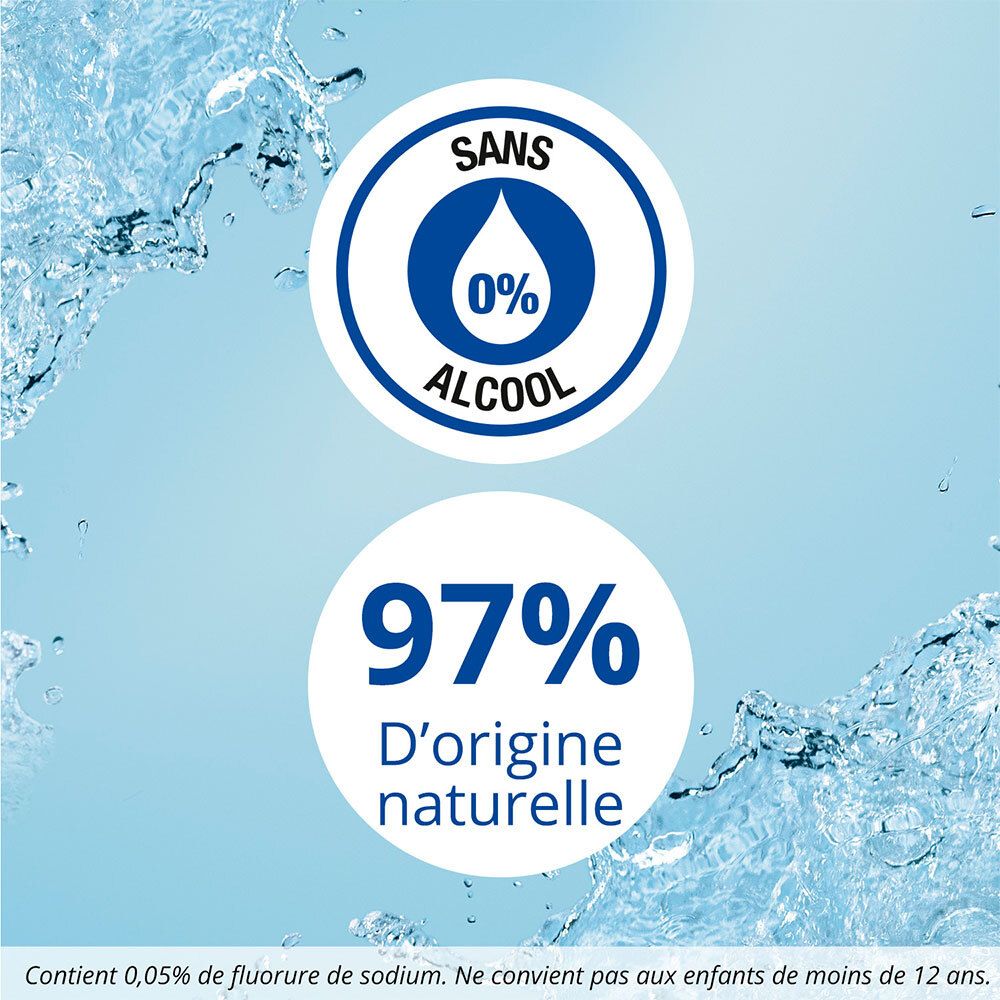 Fond bleu avec texte: Sans alcool 0%. 97% d'origine naturelle. Contient du fluorure de sodium.