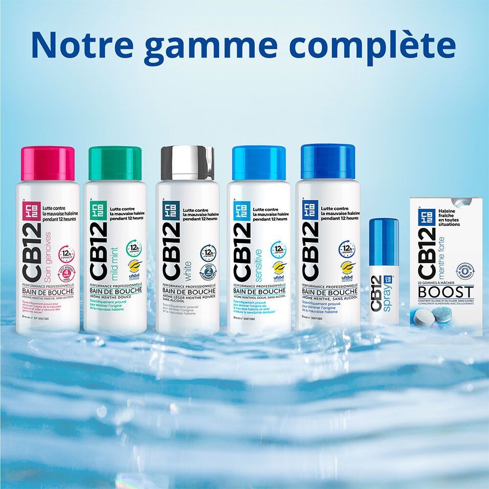 Différents produits CB12. Flacons avec bouchons rouge, vert, bleu. Spray et comprimés.