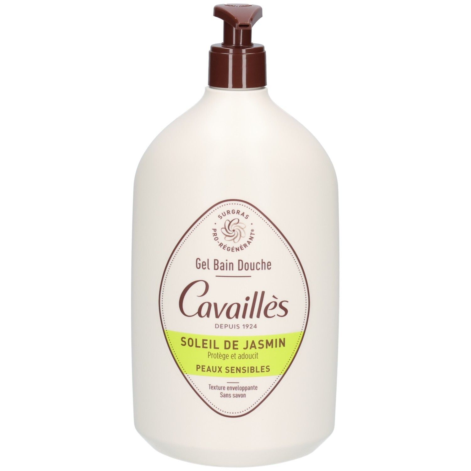 Flacon beige avec pompe marron. Étiquette avec nom du produit et logo. Texte: Soleil de Jasmin, Peaux sensibles.