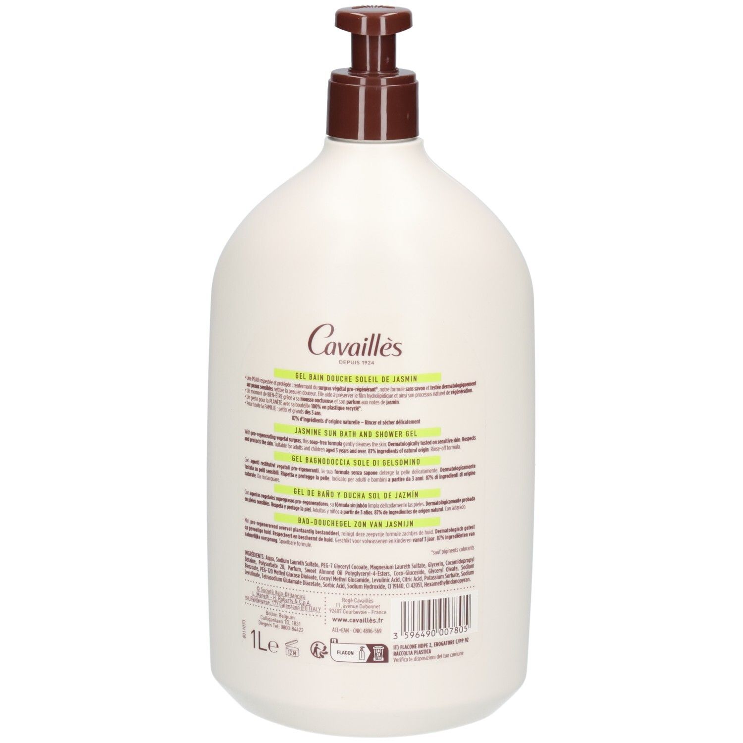 Dos du flacon beige. Textes multilingues. En bas: 1L, logo et code-barres.