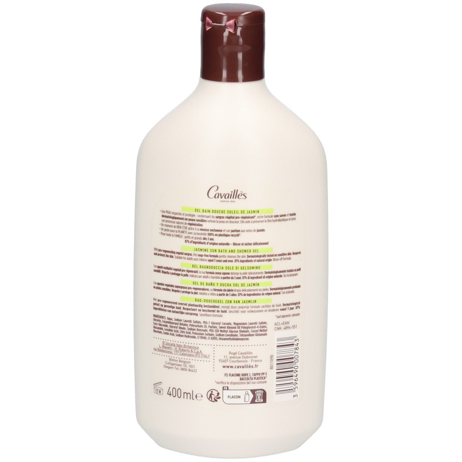 Dos du flacon. Texte sur l'étiquette, nom du produit et indication de volume '400 ml'.