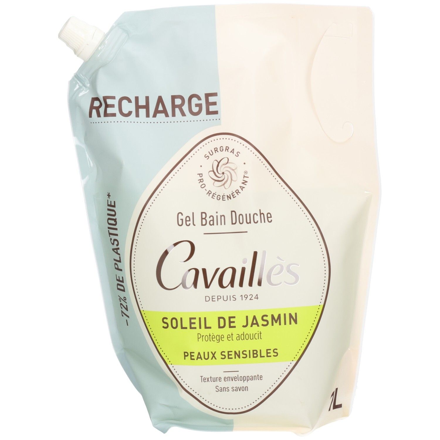 Recharge de gel douche Cavaillès Soleil de Jasmin. Emballage souple, texte vert et blanc. Inscription "RECHARGE".