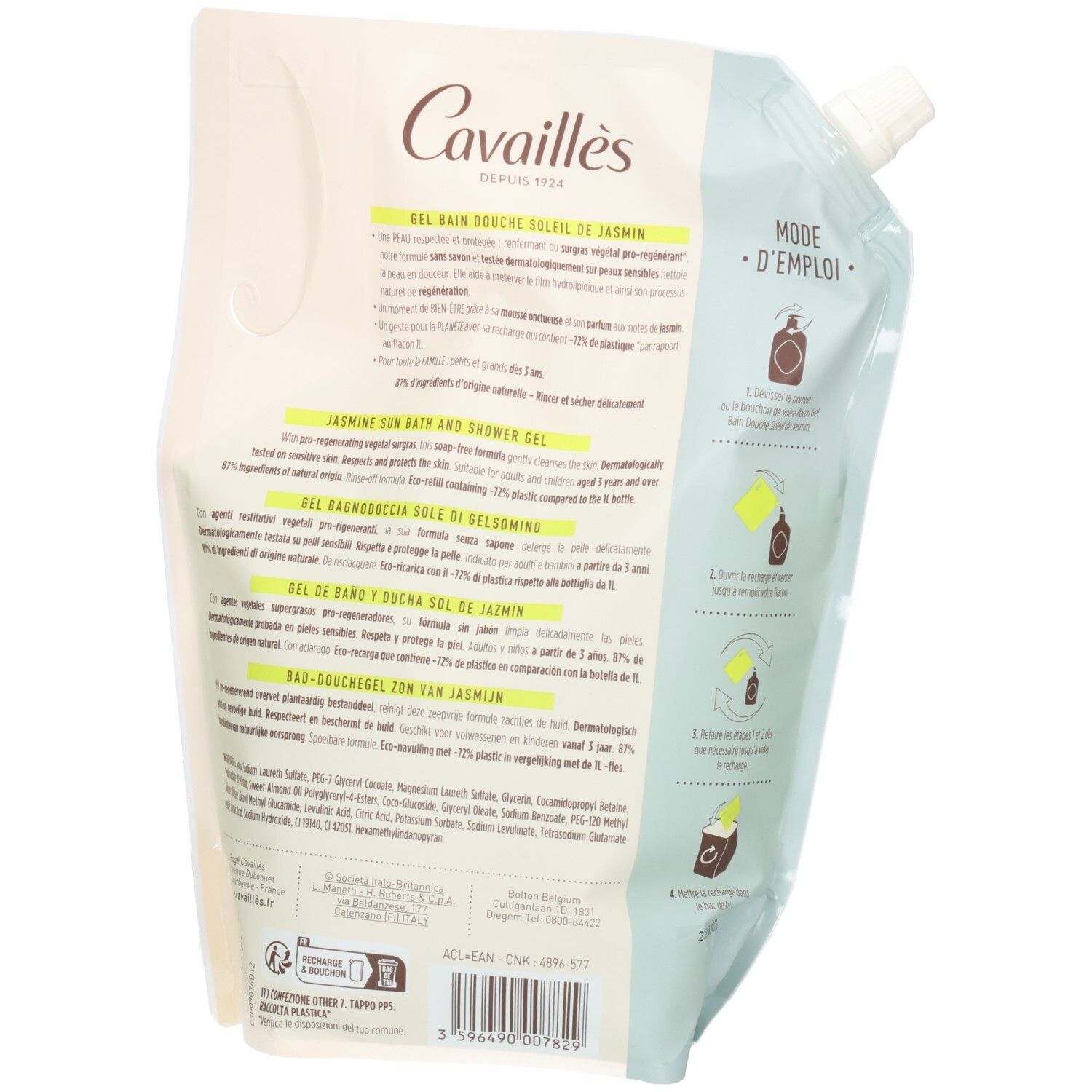 Dos de la recharge de gel douche Cavaillès Soleil de Jasmin. Texte multilingue et illustrations. Instructions d'utilisation.