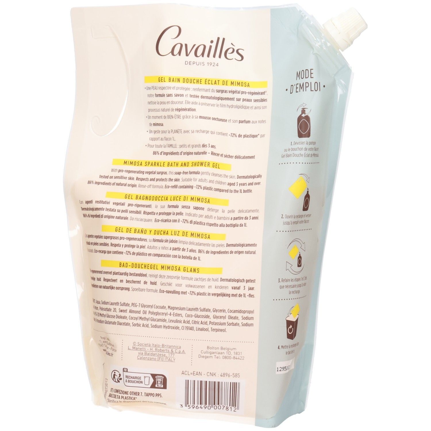 Dos de la recharge. Texte et illustrations. Nom du produit et marque visibles. Informations d'utilisation.