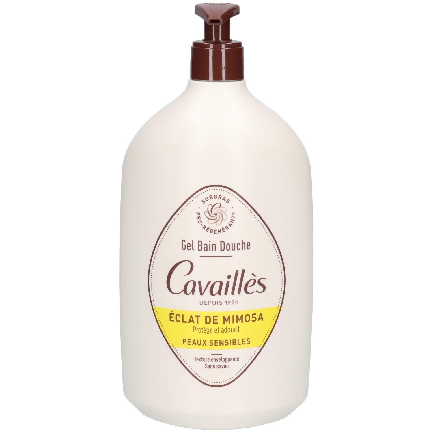 Flacon beige avec pompe marron. Inscription: Cavailès, Gel Bain Douche, Éclat de Mimosa, Peaux sensibles.