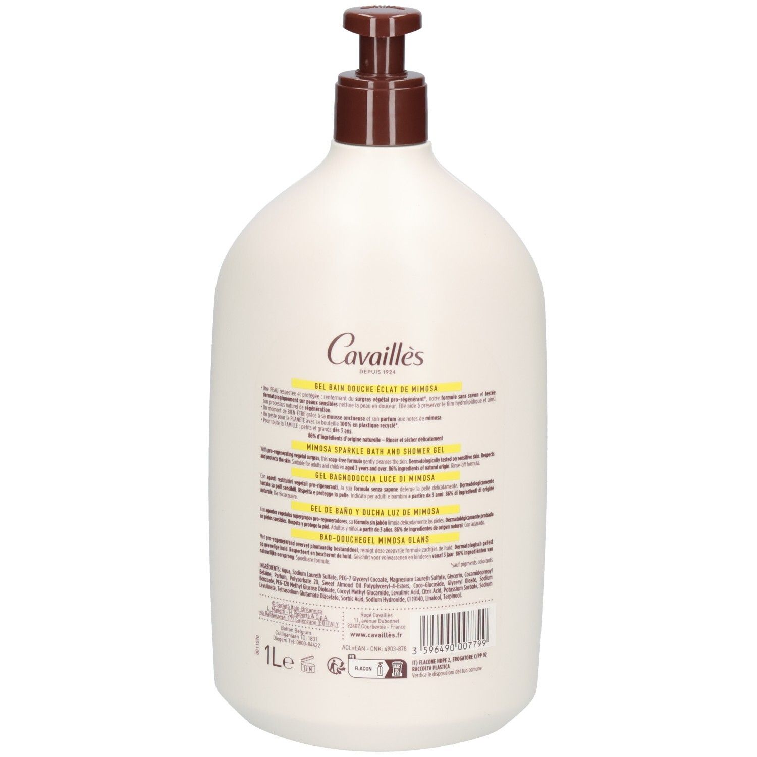 Dos du flacon. Texte multilingue. En bas: 1L, logos et code-barres.