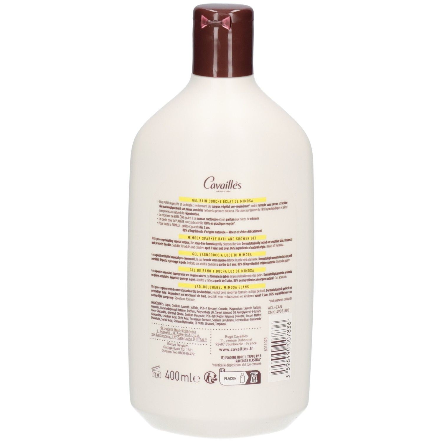 Dos du flacon. Texte: Gel Bain Douche Eclat de Mimosa. Contient des informations et ingrédients.